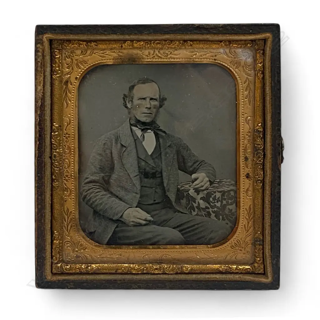 Gilt framed and leather cased ambrotype - seated man in tweed jacket, Image 1++